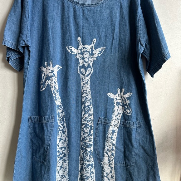Vintage Blue Denim Shift Dress with Handprinted Giraffes Plus Size 1x - Picture 9 of 9